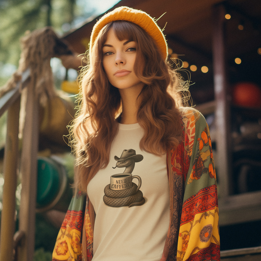 Person wearing a colorful outfit with a graphic t-shirt, sitting outdoors.
