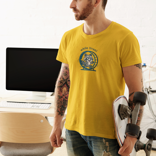 Man wearing a yellow t-shirt with a logo, holding a skateboard in an indoor setting.