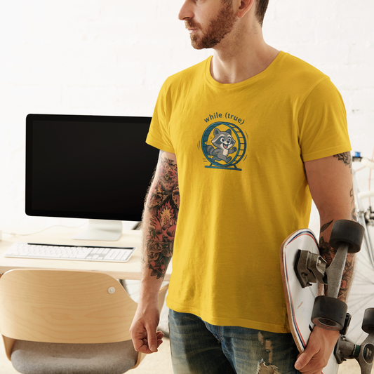Man wearing a yellow t-shirt with a logo, holding a skateboard in an indoor setting.
