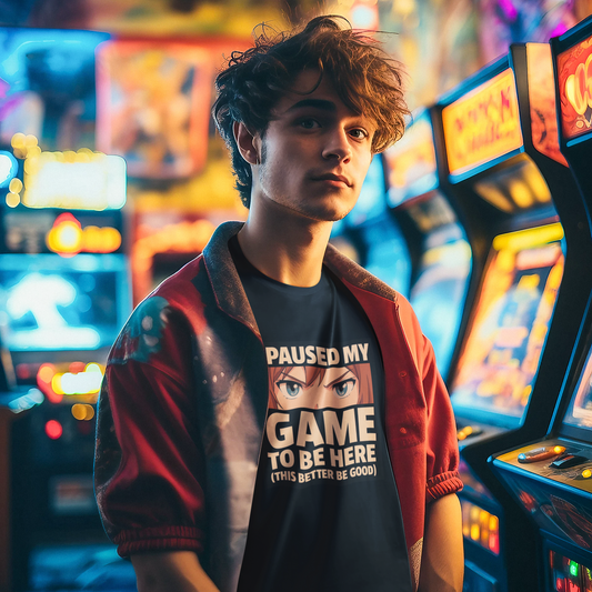Person wearing a t-shirt with a humorous gaming quote in an arcade setting