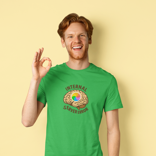 Person wearing a green t-shirt with a colorful brain graphic and text on a yellow background