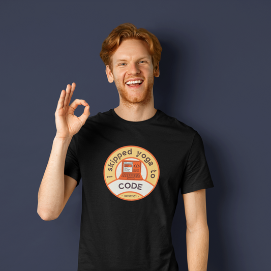 Man wearing a black t-shirt with a graphic design on a dark background